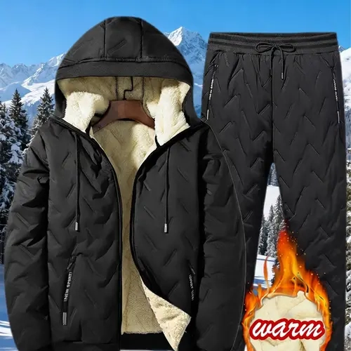 Men's Casual Plain Long Sleeve Polyester Warm Hooded Jacket & Pants Set (Colors: Black, Dark Blue, Gray, Brown; Sizes S-3XL)