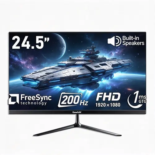 Gawfolk 24.5" Full HD 1080P VA Panel Gaming Monitor for Gamers, 200Hz/1ms GTG Fast Response, Frameless Design, Adaptive Sync, 98% sRGB, Built-in Speakers, HDMI Ports, 75x75 VESA Mount Compatible Desktop Monitor with Gameplay Boost