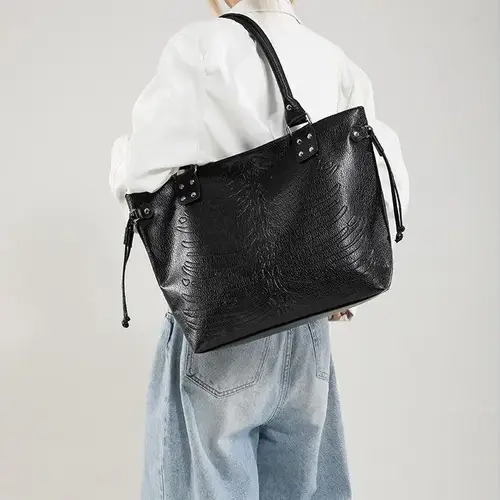 Women's Elegant Black Handbag with Embossed Design, Studded Details - Embossing Women's Handbags