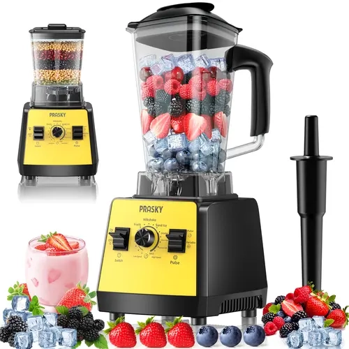 [live]Prasky Professional Blender & Grind Combo - 1000 to 1499W Rated/2400W Peak Motor, 2x 68oz BPA-Free Containers, 500ml Chopper, 500ml Bottle, Blender for Shakes, 15-30 Minutes Cooling, PTC Auto Reset, Overheat Shut-Off, Kitchen Essential Appliance
