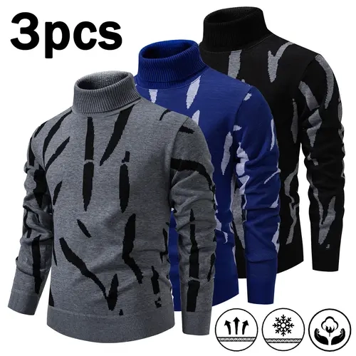 Men’s soft, warm knit high-neck pullover sweater available in 1-, 2-, or 3-pack options, featuring a stylish abstract striped print and slim fit long sleeves; casual base layer for autumn and winter, suitable for home & outdoor wear.