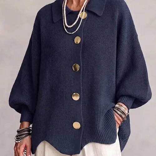 Women's Fall Winter Casual Plain Knit Button Front Pullover, Long Sleeve Loose-Fitting Knitwear Sweater, Comfortable and Stylish