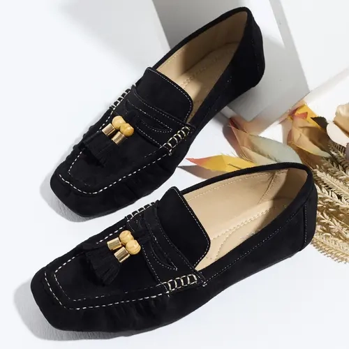 Women's Plus Size Loafers, Vintage Faux Fur Square Toe, Fringe Bean Shoes, Fall Winter New Arrival, Slip-On Soft Sole, Comfortable Casual Shoes
