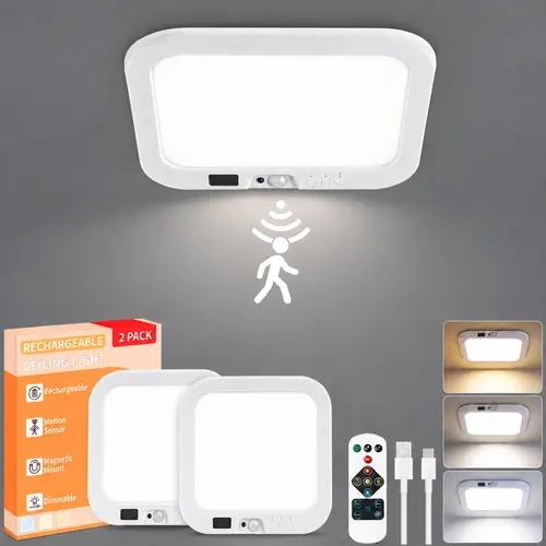 GIVRYES 2-Pack Rechargeable LED Ceiling Lights, 3 Color Modes, Motion Sensor with Remote, Wireless Magnetic Battery-Operated, Charging Port, Indoor Home Improvement Lighting for Closet, Porch, Lights for Bedroom