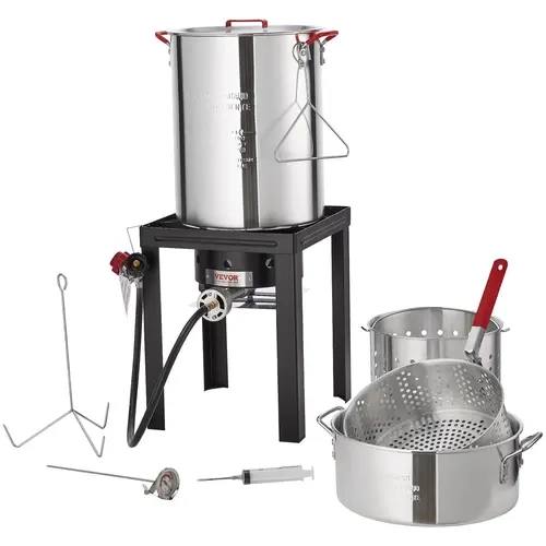 【Opantalk】VEVOR 30+10 Qt Multifunction Cooker Kitchen Appliance, Turkey Deep Fryer & Fish Steamer Set, Outdoor Aluminum Seafood Pot, 54000 BTU Propane Gas Burner, Lid, Fryer with Basket, Perforated Poultry Rack, Thermometer, Kitchen Appliances, Anti‑T