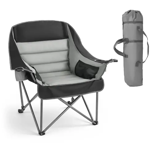【Opantalk】VEVOR Large Portable Steel Folding Camping Chair - 450lbs Capacity Rust-Resist Steel, 600D Rip-Stop Polyester, Padded Back, Arm Cupholders, Wine Glass Holders, Carry Bag, Black & Gray, 1 Pack for Outdoor Fishing, Large Portable Chairs, Steel Fol