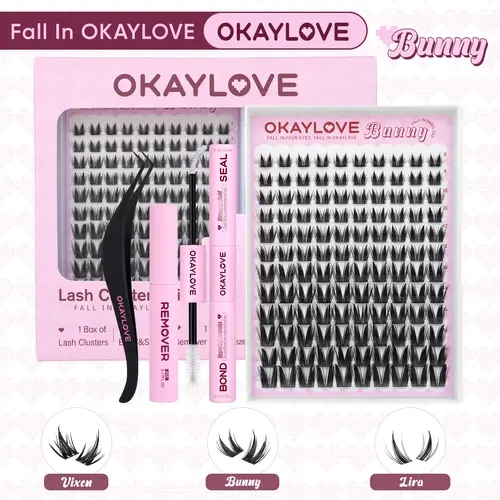 [live]OKAYLOVE Cosmetic Bunny Lash Clusters Kit - Lightweight C/D Curves Eyelash Extension with Waterproof Long-Lasting Lash Bond, Seal, Tweezers, Remover for Easy DIY Home Use, Student Makeup Gift #sohochic #backtoschool