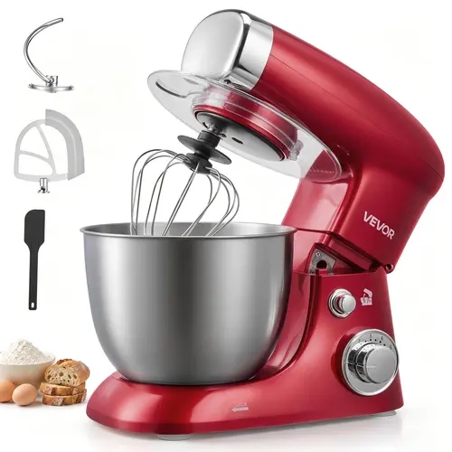 【Opantalk Auction】VEVOR Standing Mixer, 4.2 Qt Capacity Stainless Steel Bowl, 400W Electric Tilt-Head Kitchen Mixing Machine with 6-Speed Settings, Splash Guard, Dough Hook, Whisk, Beater for Baking, Bread Mixer