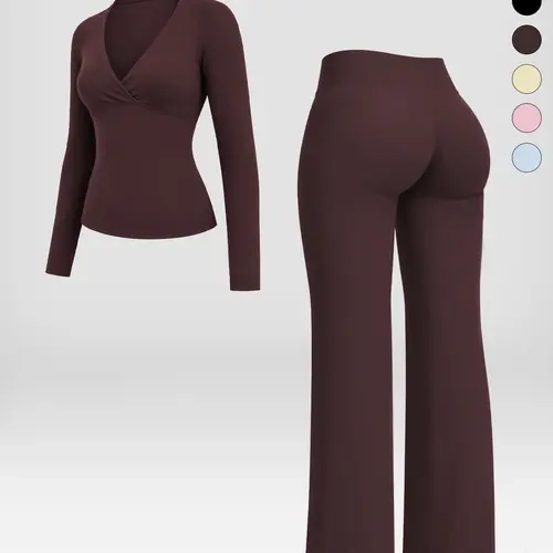 NVWA Women’s 2-Piece Yoga Set, high-stretch activewear, V-neck long-sleeve crop top & wide-leg flared pants, buttery-soft matching workout outfit for the gym and everyday loungewear