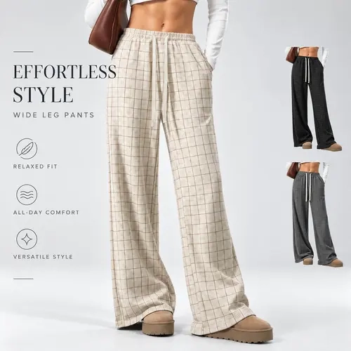 Women's Plaid Long Relaxed-Fit Casual Pants Multi Pack - Elastic Waistband with Adjustable Drawstring, Practical Side Insert Pockets, Multiple Colors, Suitable for Holiday Trips, Daily Casual Street Outfits