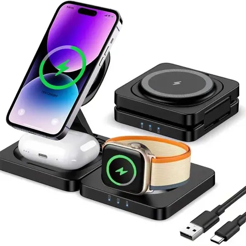 3-in-1 Magnetic Wireless Charging Station, Foldable Compact Travel Charger Stand, 15W Fast Charging, Multi-Angle Adjustable, Smart Chip Multi-Protection, for Smartphone Wireless Earbuds Smart Watch