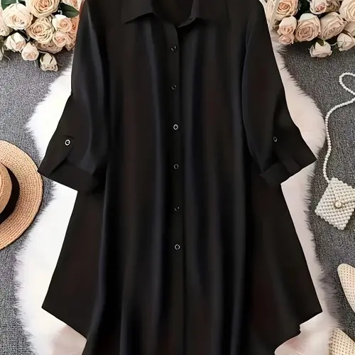 Women's Solid Color Simple Arc Hem Long Sleeve Half-Sleeve Shirt Blouse, Elegant Casual Top for Daily Wear, Comfortable and Stylish Female Clothing