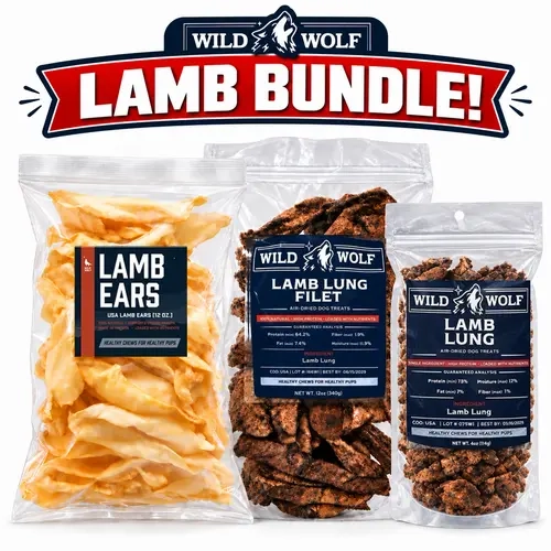 The Official Wild Wolf Lamb Dog Treat Bundle | Lamb Ears (12 oz), Lamb Lung Filet (12 oz) & Lamb Lung Bites (4 oz)