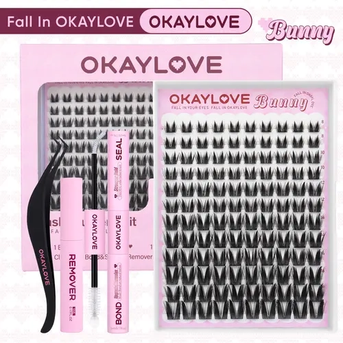 [tasini_twins]OKAYLOVE Bunny Lash CLusters Kit, Okaylovelashes Manga Lash Extension with Waterproof Long-lasting Lash Bond and Seal,Tweezers and Remover for DIY Eyelash at Home Easily, Natural Makeup Girl Gifts #sohochic #backtoschool