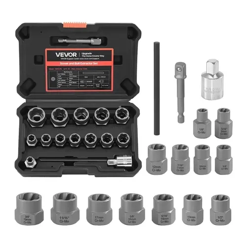 【Auction】VEVOR 16-Piece Cr-Mo Steel Bolt Extractor Kit - Extractors, Adaptors, Pin Punch, Solid Storage Case, Laser-Marked Sizes, HRC50-55 Hardness, Plum Shape, Torque Wrench Compatible, 10mm Rusted Bolts Rescue Tool for Garage Automotive Repair, Bolts +