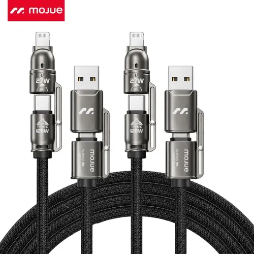 MOJUE 2-Pack Durable 4-in-1 120W Fast Charging Braided Cellphone Cable (5FT Data Cord), Multiple Ports, Universal for Mobile Smartphones, Electronic Devices with Type-C/Lightning Connectors (Gray)