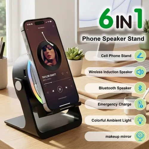 6-in-1 Wireless Magnetic Induction Audio Speaker Stand Gadget - Cellphone Holder with Makeup Mirror, 3000mAh Rechargeable Emergency Charging Power Bank, 360° Adjustable Mobile Tablet Device Stand, Colorful Ambient Light, Ideal Gift for Adults
