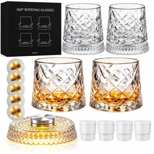 Spinning Whiskey Glasses Set of 4, 9.5oz 360° Rotating Whiskey Glasses with Ice Ball Molds & LED Lights, Bourbon Scotch Old Fashioned Glasses, Whiskey Gifts for Men