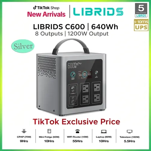 LIBRIDS Portable Power Station 640Wh, 1200W Peak Solar Generator Camping 600W AC Pure Sine Wave Outputs, 10ms UPS, 1.5Hr Fast Charging, LiFePO4 Battery, Metal Design for Backup, RV, Home Outages