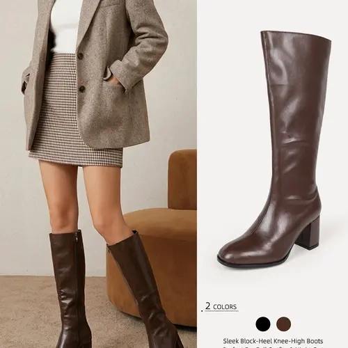 Women’s classic knee-high PU boots. Round toe, block heel and wide boot opening with side zipper. Comfortable & stylish, ideal for fall/winter daily, work and evening outfits.