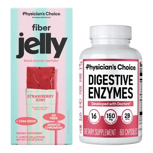 Physician's Choice Gut on the Go Duo: Digestive Enzymes 60ct + Fiber Jelly 7ct - GLP-1 Friendly Bloating Relief, Regularity & Fullness Support