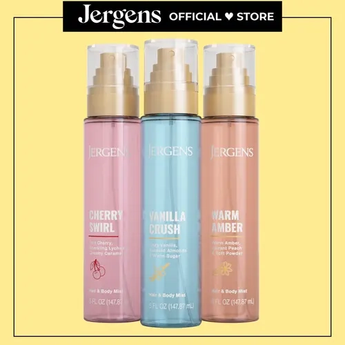 Jergens Hair & Body Mist 3 Pack, 5 Fl Oz Bottles, Vanilla Crush, Warm Amber and Cherry Swirl