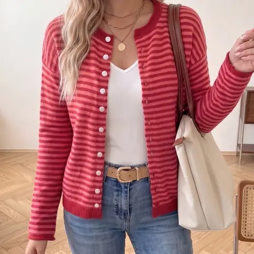 Women's Striped Knit Cardigan Sweater, Long Sleeve Button Front Pullover, Casual Loose-Fit Top for Fall Winter Spring Knitwear