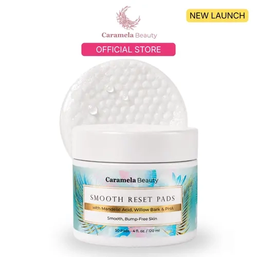 Caramela Beauty Smooth Reset Exfoliating Pads - Mandelic Acid, Willow Bark, PHA, Glycerin, Green Tea - For Ingrown Hairs, Razor Bumps - Exfoliate, Hydrate, Skin Repair - Fragrance-Free, Face & Body Use, 50 Pads