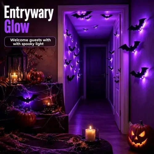 Qawtor 3D LED Bat Wall Decorations, Halloween Light-Up Bat Stickers with Purple Glow, Self-Adhesive Removable Wall Art for Spooky Home Decor, Party Supplies, Halloween Decorations