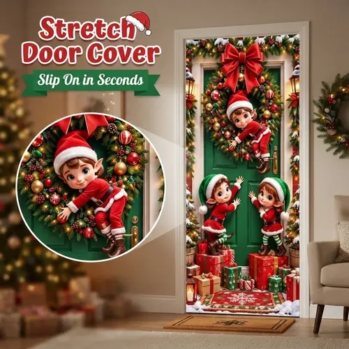 【High Quality】78.7*35.4in Stretch Fit Christmas Door Cover - Slip-On Cute Elves & Santa Front Door Decor with 4-Side Elastic Edges, Reusable Damage-Free Holiday Entryway Banner for Home & Party Washable Weather-Resistant Outdoor Home Decoration