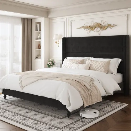 TryLazy Upholstered Bed Frame, Chenille Platform Bed with 56" High Gap-Free Wingback Headboard, Wooden Slats Support/Luxury Bedroom Furniture Full/Queen/King Christmas Gifts