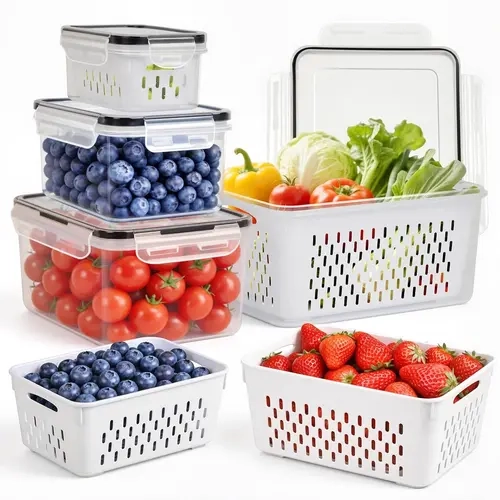 4 Pcs 4-in-1 Plastic Fruit Storage Containers with Removable Colanders - Airtight, Stackable, Dishwasher Safe Fridge Organization Containers for Berries, Vegetables, Reusable Storage Solutions, Useful Finds