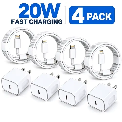 RXVNPXI 4-Pack 20W USB-C Fast Wall Charger Adapter Set with 4x6FT USB-C to Lightning Cables, iPhone Chargers for iPhone 14/13/12/11 Pro Max, AirPods Pro Cell Phone Fast Charging Kit, Charger For Iphone