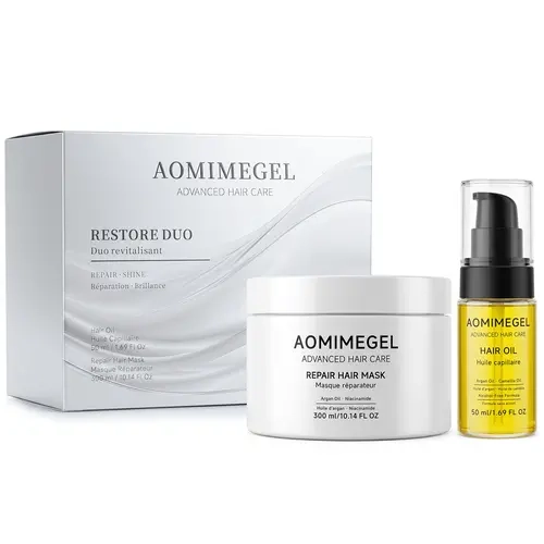 Aomimegel Argan Hair Mask & Oil Set, Professional Haircare Kit - Deep Hydrate Moisturize Treatment, Smooth Dry Damaged Frizzy Locks, All Hair Types, 10.14oz + 1.69oz