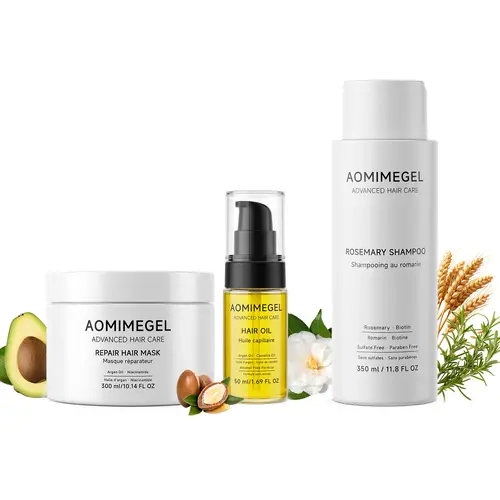 Aomimegel Haircare Set - Rosemary Scalp Care Shampoo, Repair Conditioner, Hair Mask & Argan Oil with Caffeine, Biotin, Niacinamide to Moisturize, Smooth Thinning-Looking, Dry Damaged Hair (11.8, 10.14, 1.69 fl oz)