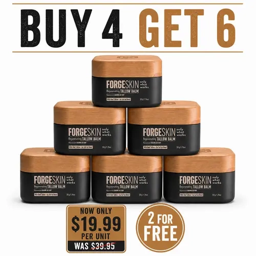 Buy4GET6 FORGE SKIN Wrinkle Defense & Natural Anti-Aging Beef Tallow Moisturizer for Men - Face Balm Skincare Cream for Dry Rough Skin Tallow-Based Mens Face Lotion for Hydration Firmness Wrinkle Repair & Glow Honey Jojoba Hydrating Smooth Skin