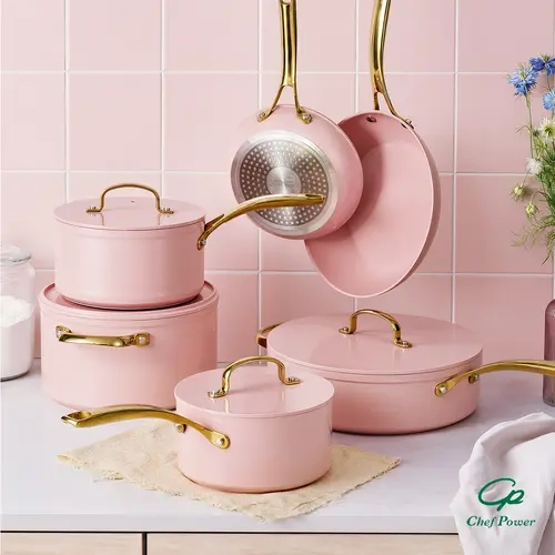 Chef Power Sunray 15pcs Golden Handle Ceramic Nonstick Pots and Pans Set (Series), Oven-Safe White Aesthetic Kitchen Dining Cookware for Frying Use A Must-Have Gift for a New Kitchen