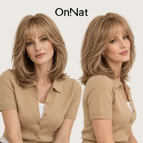 Luna - OnNat Golden Beige Blonde Layered Bob Wig | 14-inch Premium Heat-Resistant Synthetic Soft Wispy Bangs Salon-Crafted Face-Framing Layers Feathered Flipped Ends Natural Volume Beginner-Friendly Breathable Open-Weft Cap For All Day Comfort