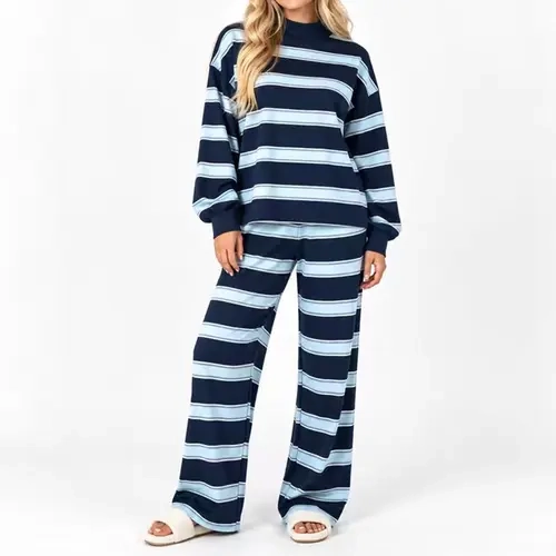 Women’s Striped Print 2 Piece Set, Long Sleeve Relaxed Pullover Top & Wide Leg Pants, Casual Matching Outfit for Daily Wear, Travel, Weekend, Home, Shopping & Streetwear
