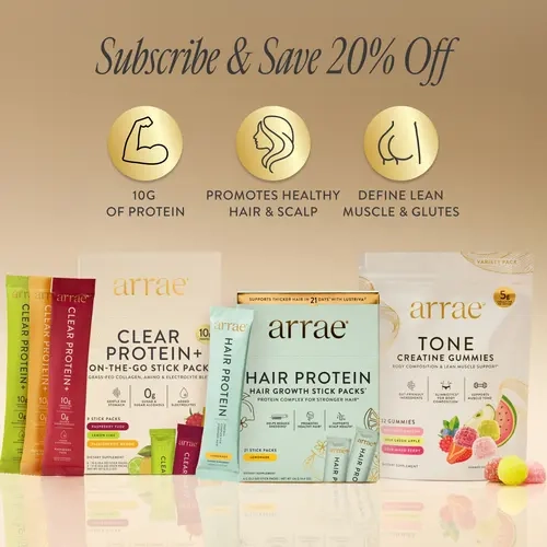 arrae Beauty, Brains & Gains Bundle | Hair Support, 5g of Creatine, & 10g of Protein, Collagen, + Amino Acid Blend & Electrolytes | Assorted & Lemonade Flavor | Gut Friendly Formula | Dietary Supplement Fitness