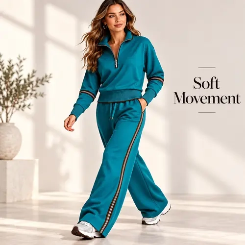 Women's 2 Piece Athleisure Set Half Zip Long Sleeve Pullover & Wide Leg Drawstring Pants, Contrast Side Stripe Matching Tracksuit, Relaxed Casual Outfit for Travel, Airport, Weekend, Coffee Runs, Work From Home, Fall Winter Daily Wear