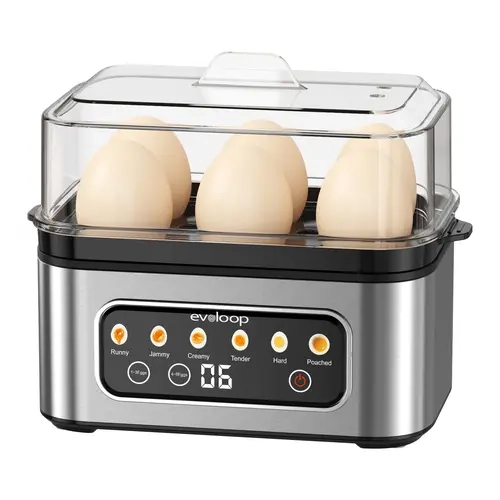EVOLOOP Rapid Digital Egg Cooker - 6-Capacity BPA-Free Compact Stainless Steel Electric Steamer with Lid, Smart Cooking Egg Boilers for Indoor/Outdoor Use, 1-Touch Display for Hard Boiled/Poached Prep, Cooking Made Easy