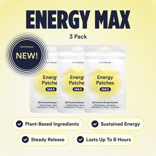 3 Packs of Kind Patches Energy MAX Patches, Guarana Extract and L-Theanine, Sustained Energy & Focus, Vegan, 3 Months Supply