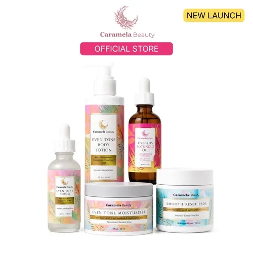 The Full Caramela Beauty Ritual, 5-Piece Set | Cyperus Rotundus Oil, Smooth Reset Pads, Even Tone Serum, Even Tone Moisturizer & Even Tone Body Lotion | After-Shave & Brightening Routine | Face & Body Skincare Gift Set