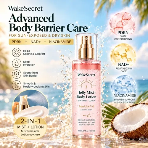 WakeSecret After-Sun Hydrating Body Lotion - 2-in-1 Jelly Mist Body Care Cosmetic with PDRN, NAD+, Niacinamide, Coconut Scented Daily Moisture, 150 mL