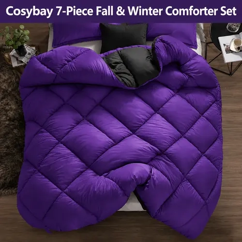Cosybay King Size Bed Comforter Set Full/Queen/King Size - 7-Piece Purple & Black Bedding Set with Down Alternative Comforter, Flat Sheet, Fitted Sheet, Pillowcases & Pillow Shams, All-Season Machine-Washable Autumn Christmas Winter Bedding,Multicolored