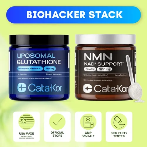 Cata-Kor Biohacker Stack - NMN 1000 mg, Liposomal Glutathione 500 mg, Biotin, Hyaluronic Acid, MSM, Vitamin C Advanced Dietary Supplement Antioxidant Complex