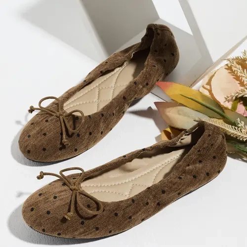 Women's Polka Dot Bow Ballet Flats with Round Toe in Black Brown and Grey