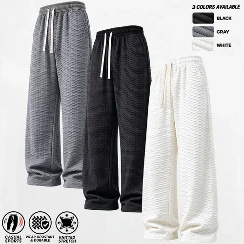Men's Wide Leg Sweatpants, Adjustable Drawstring Elastic Waist, Side Pockets, Loose Draping Wide Leg Trousers, Soft Knitted Fabric, Multiple Colors Available, Suitable for Casual Sports, Streetwear and Loungewear