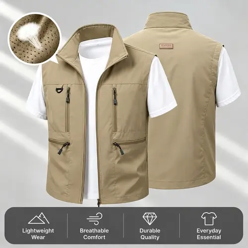 Men's Lightweight Multi-Pocket Zip-Up Sleeveless Jacket, Menswear Tops Waistcoats & Gilets for Outdoor Travel, Casual Khaki Vest